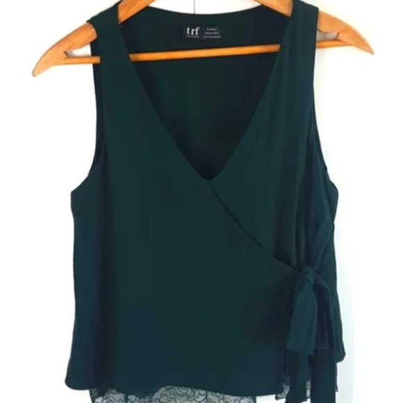 ZARA V-Neck Lace Trim Sleeveless Wrap Blouse Size Small Dark Green - Picture 1 of 2